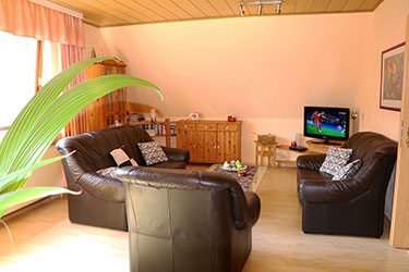 Die Sofaecke im Wohnzimmer der Dachgeschoss-Wohnung